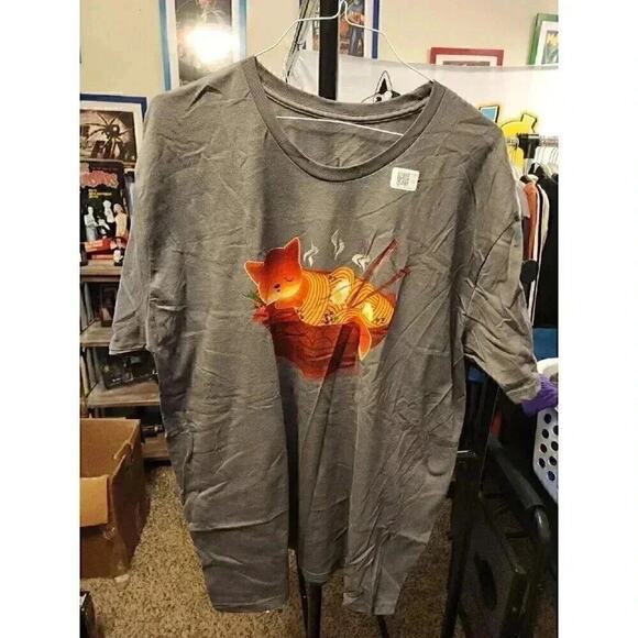 Fox Sleeping Ramen Noodle Lovers Gray 3XL Short Sleeve T-Shirt CR4 - Picture 1 of 5